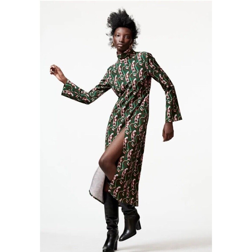 Zara Green Paisley Print Long Sleeve Mock Neck Side Slit Midi Dress XXL Blogger